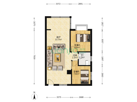 华府一航线 2室1厅1卫 80平方