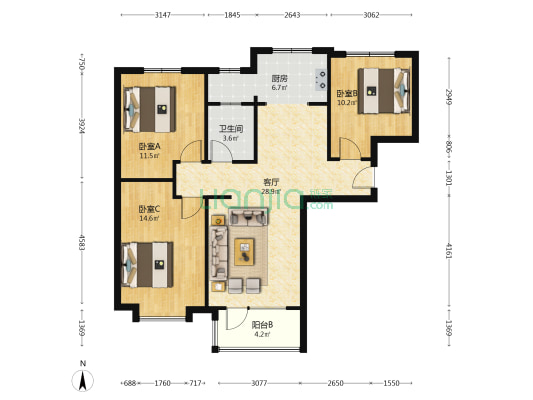南北透透 大三居 采光好 央企社区-户型图