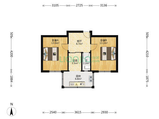 中山宾馆宿舍 2室1厅1卫 51平方