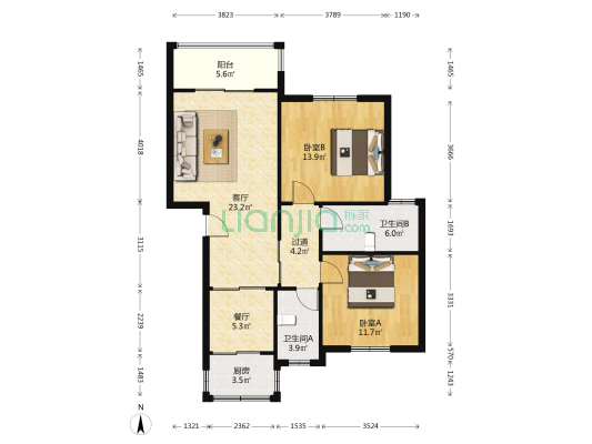 阳光家园 2室2厅2卫 92平方