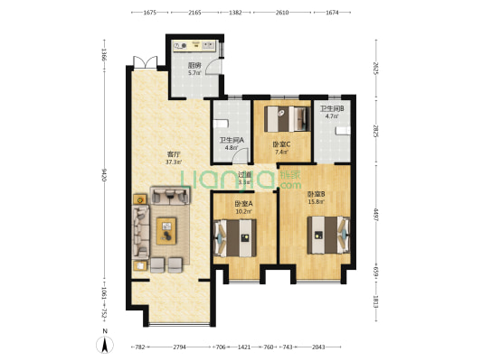 宝能城 3室1厅2卫 130平方