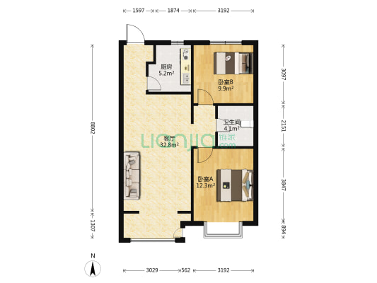 优山美郡B区 2室1厅1卫 95平方