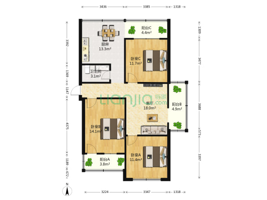 金龙岗8号 3室1厅1卫 90平方