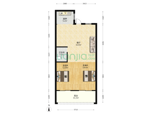 迎曦园 2室1厅1卫 91平方