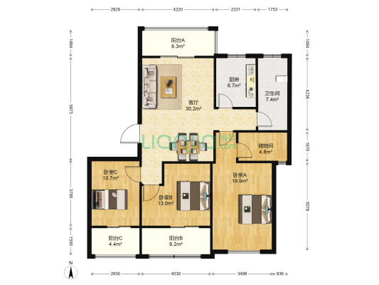 启发广场 3室1厅1卫 129平方