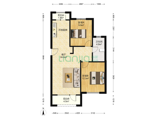苏岭园 2室1厅1卫 90平方