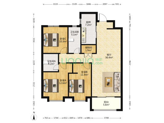 富力天禧城A区 3室1厅2卫 126平方