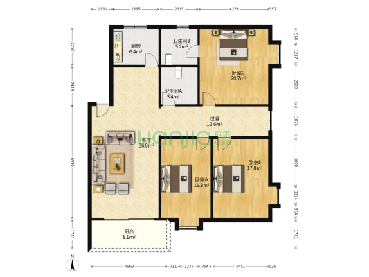 黄金堡小居 3室1厅2卫 145平方