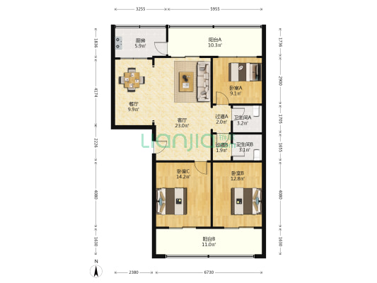 盐店街8号院 3室2厅2卫 119平方