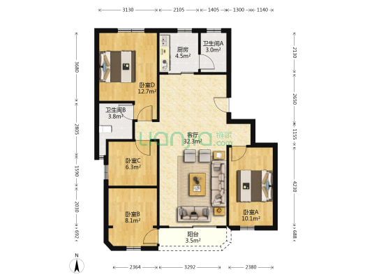 富利花园 4室1厅2卫 89平方