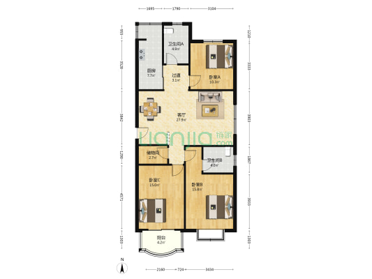 景泰公寓 3室1厅2卫 126平方
