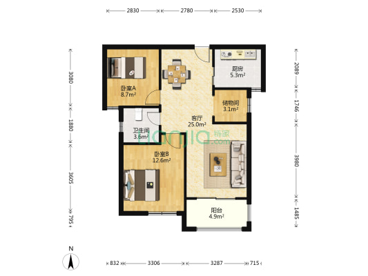 恒泰商业广场 2室1厅1卫 87平方