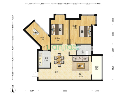 玫瑰银座 3室1厅1卫 104平方