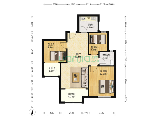 金科阳光美镇A区 3室1厅1卫 100平方