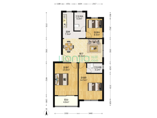 康桥干部村 3室1厅2卫 94平方
