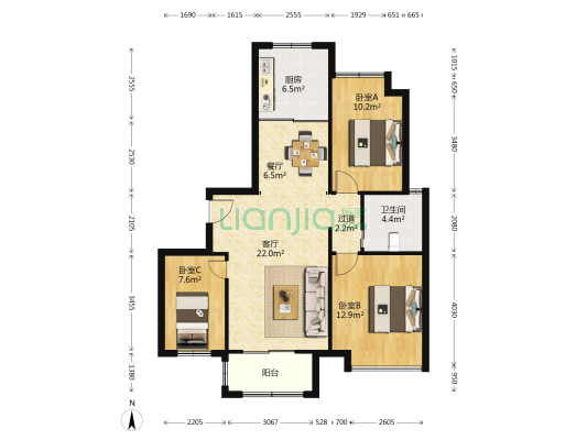 凤凰景苑 3室2厅1卫 105平方