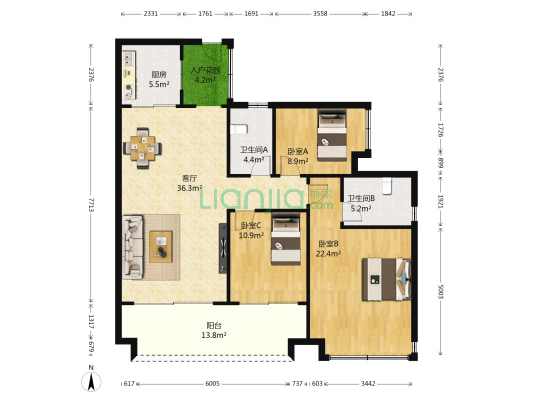 普君新城悦园 3室1厅2卫 129平方