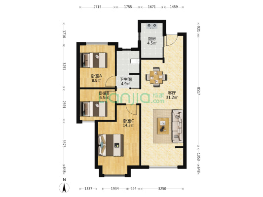 阳光城愉景苑 3室1厅1卫 101平方