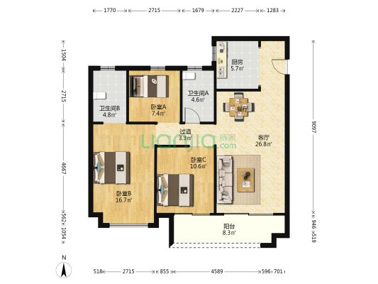 天瑞府 3室1厅2卫 117平方
