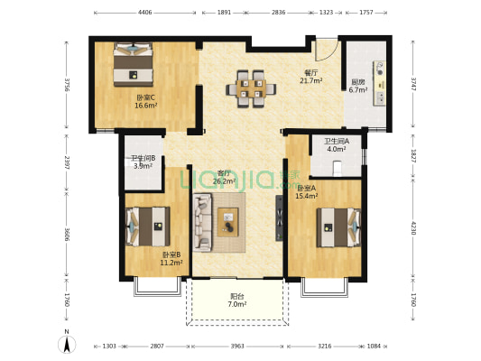 电力家园 3室2厅2卫 143平方