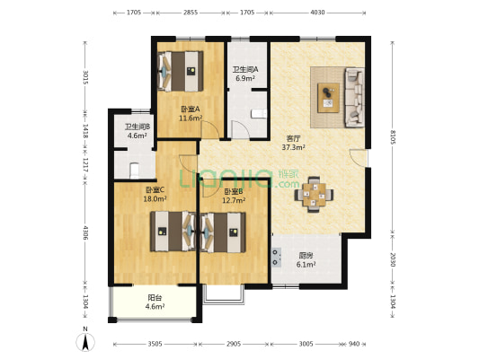 嘉苑小区 3室1厅2卫 134平方