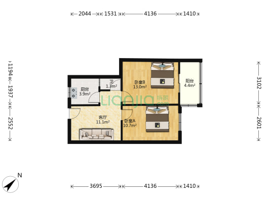 中南市政院小区 2室1厅1卫 54平方