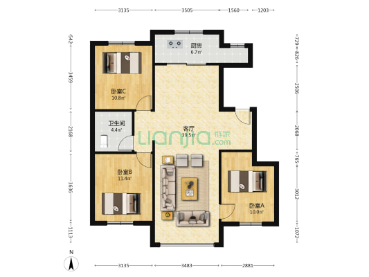 张大里怡馨园 3室1厅1卫 127平方