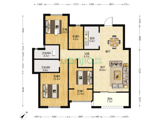 香缇时光2期 4室1厅2卫 119平方