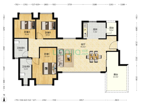 听岸小区 3室1厅2卫 115平方