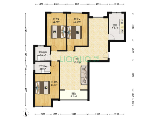 香景园 3室1厅2卫 123平方