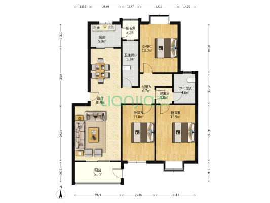 望海华城 3室1厅2卫 131平方