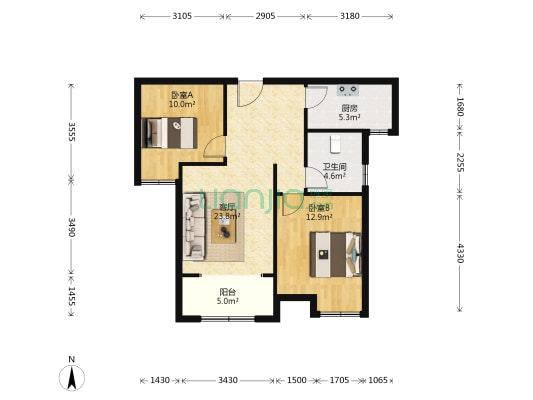 雨润新城玉兰苑 2室1厅1卫 82平方