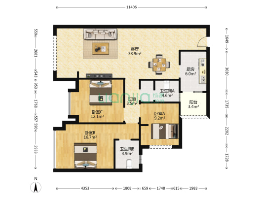 滨河湾1期 3室1厅2卫 114平方