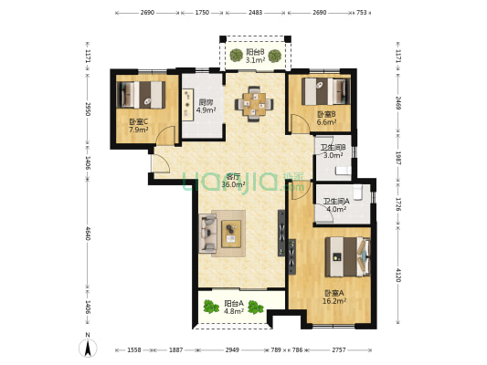 通源新建城B5 3室1厅2卫 107平方