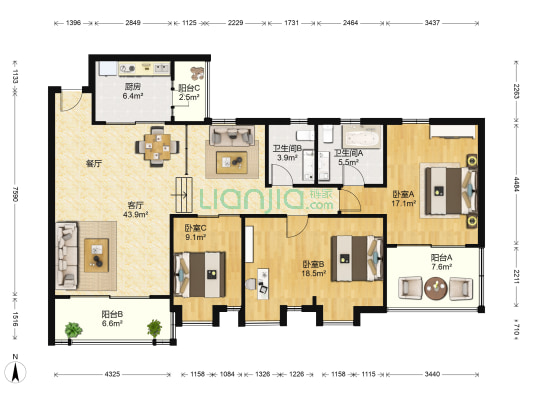 粤海国际花园 3室1厅2卫 140平方