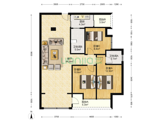 嘉南国际 3室1厅2卫 107平方