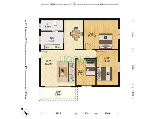 九江中学宿舍 3室1厅1卫 98平方