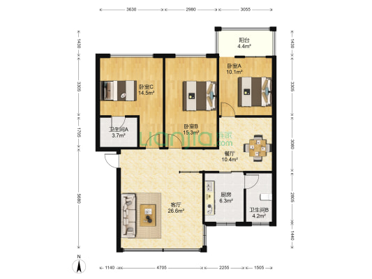凤集花园 3室2厅2卫 121平方