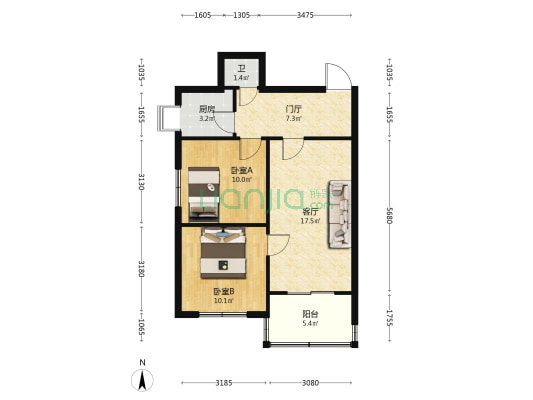 纺医北路6号院 2室1厅1卫 64平方
