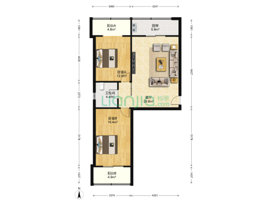 中国航天家属院 2室1厅1卫 82平方