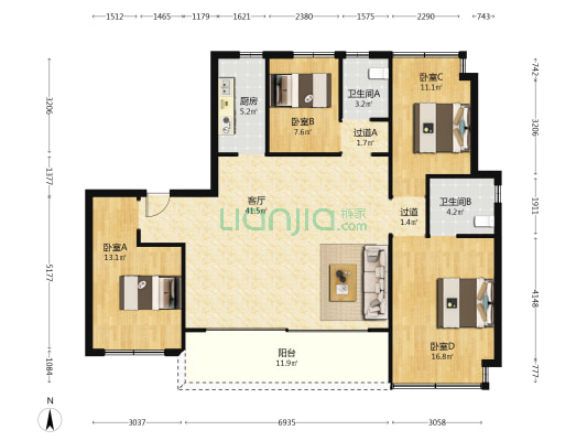 招商未来公园 4室1厅2卫 143平方