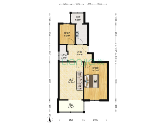 山西画院宿舍 2室1厅1卫 69平方