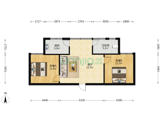 云南省建三公司住宅小区 2室1厅1卫 57平方