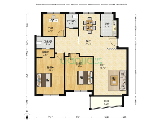 滨江小区 3室2厅2卫 130平方