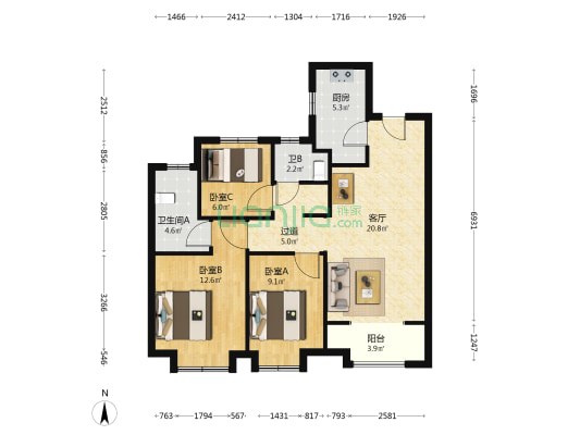 爱情缤纷里 3室1厅2卫 96平方