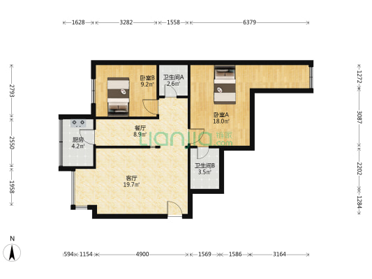 大唐世家玉河苑 2室2厅2卫 83平方