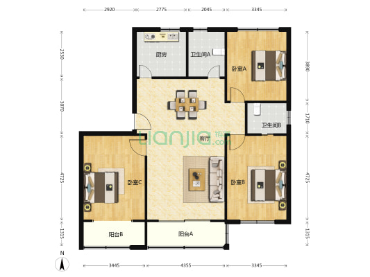 馨乐园 3室1厅2卫 129平方