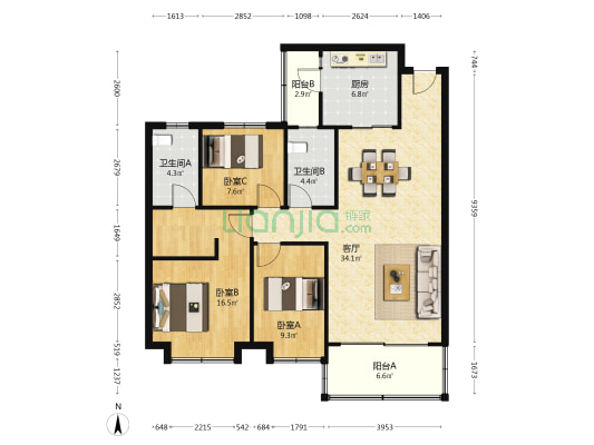 恒大名都 3室1厅2卫 132平方