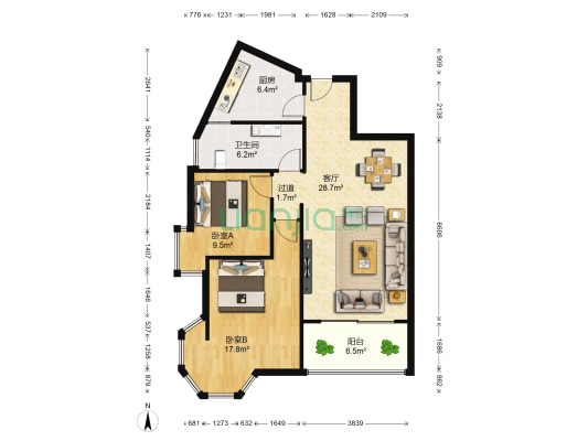 居住主题公园-枫丹白鹭 2室1厅1卫 89平方