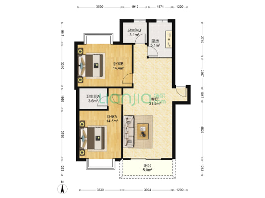 金域雅庭 2室1厅2卫 99平方